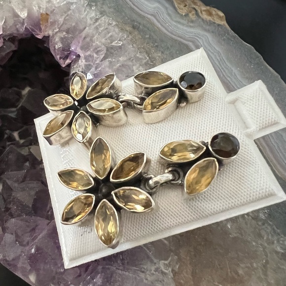 New Sterling Silver Dangling Smokey and Lemon Quartz Earrings - Picture 3 of 7